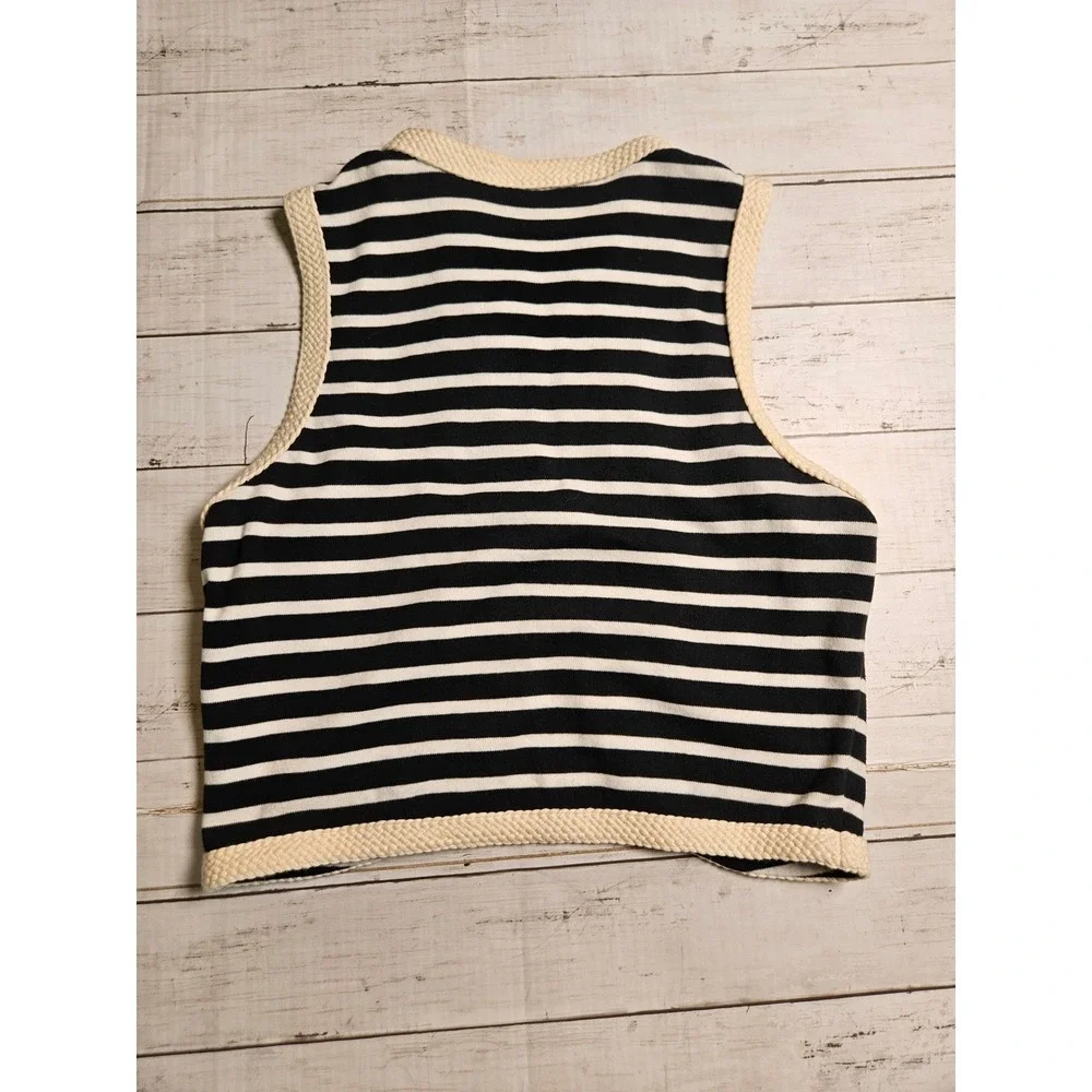 Gianni Bini Nautical Striped Knit Vest Black White Gold Button Military Medium‎
